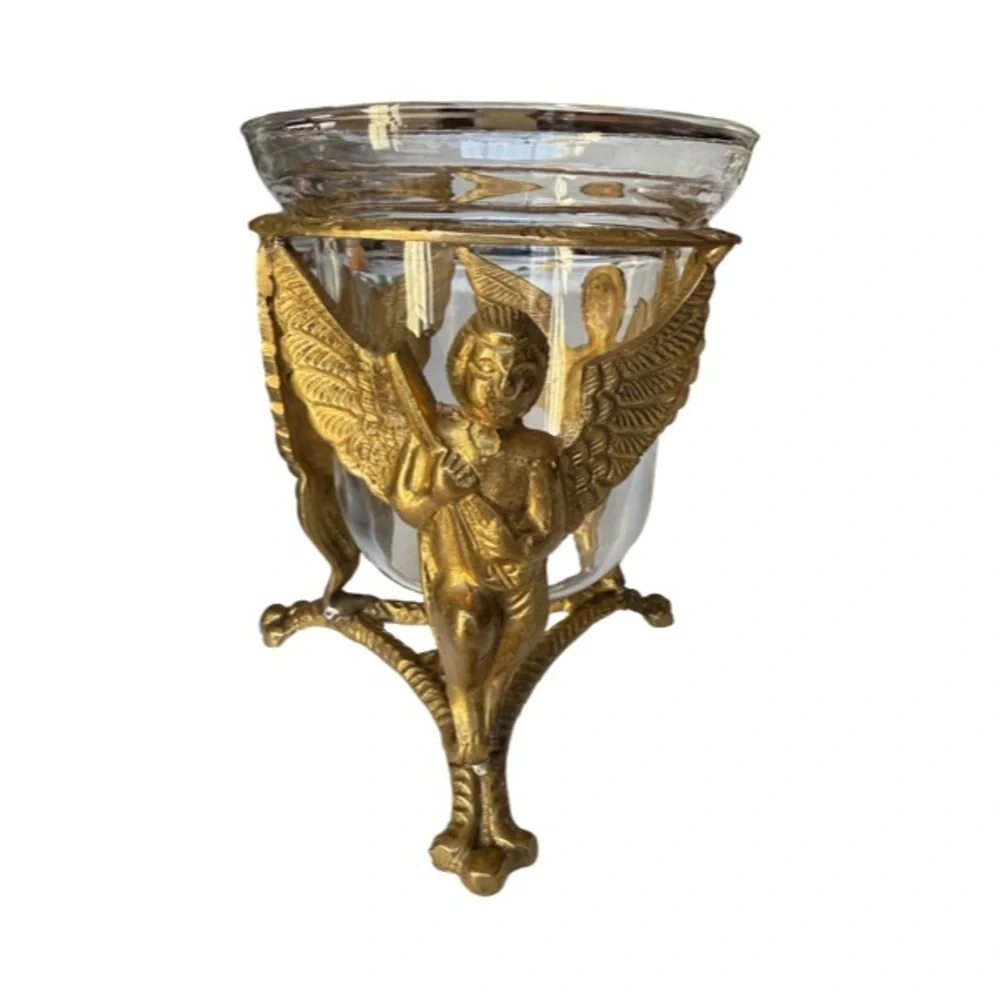 Vintage Brass Cherub Decorative Glass Bowl / Candle Holder